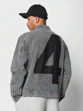 Washed Gray Denim Jacket with Bold Black '4' Back Graphic